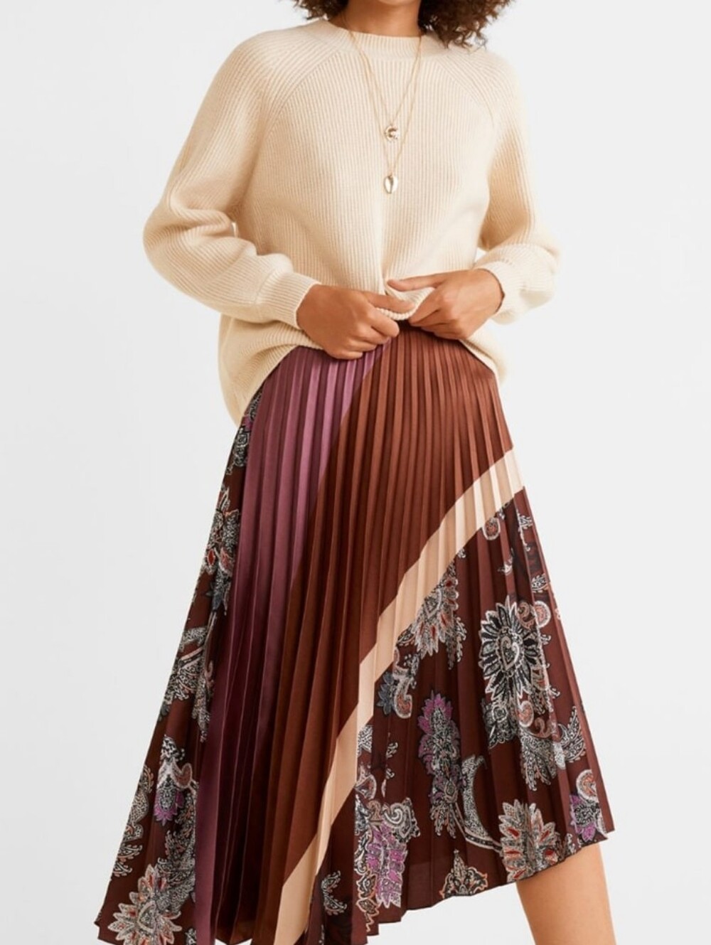 Mango Pleated Midi Skirt in Brown, Mauve and Cream